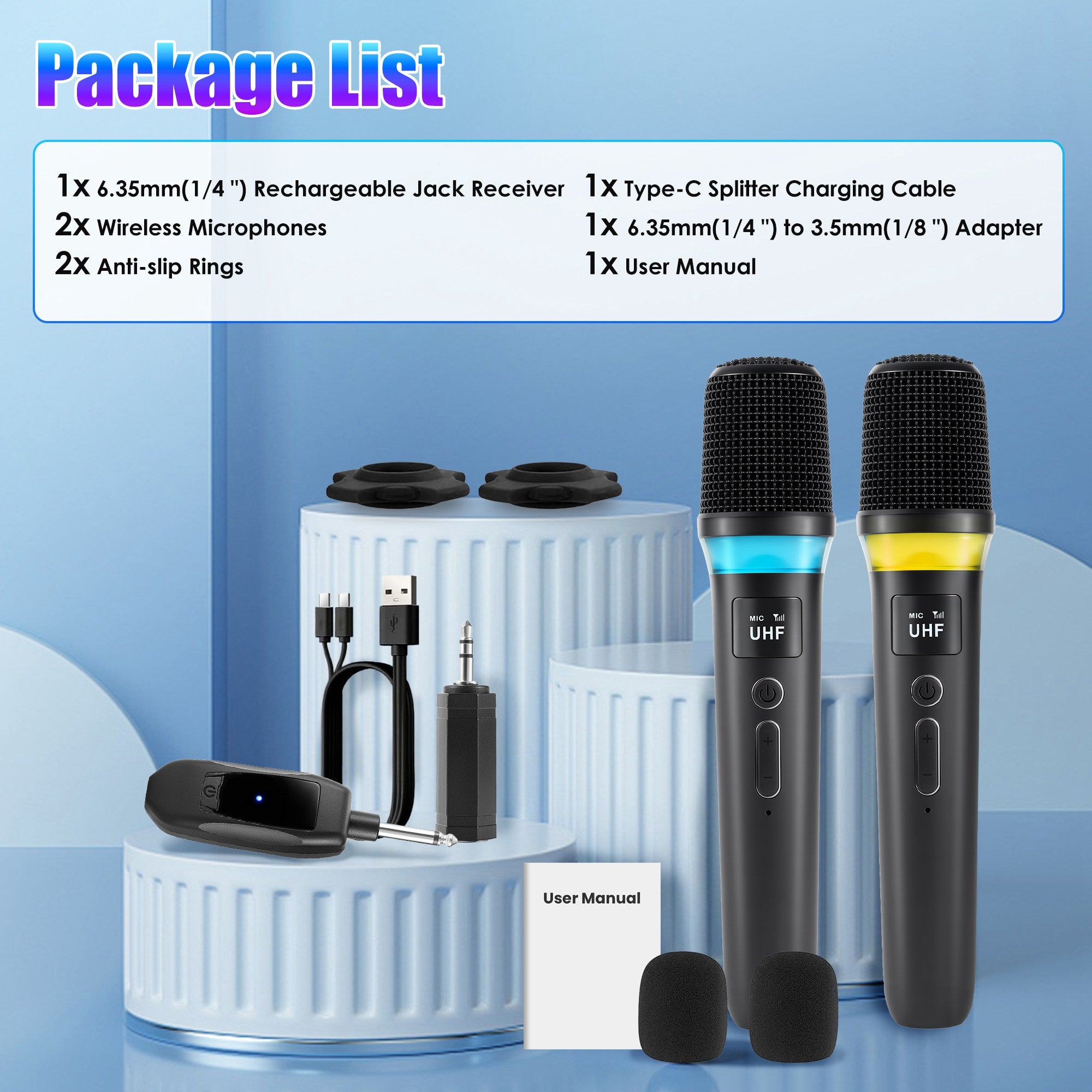 2-Pack 2.4G Wireless Microphones with RGB Light – 164ft Range for Karaoke & Events