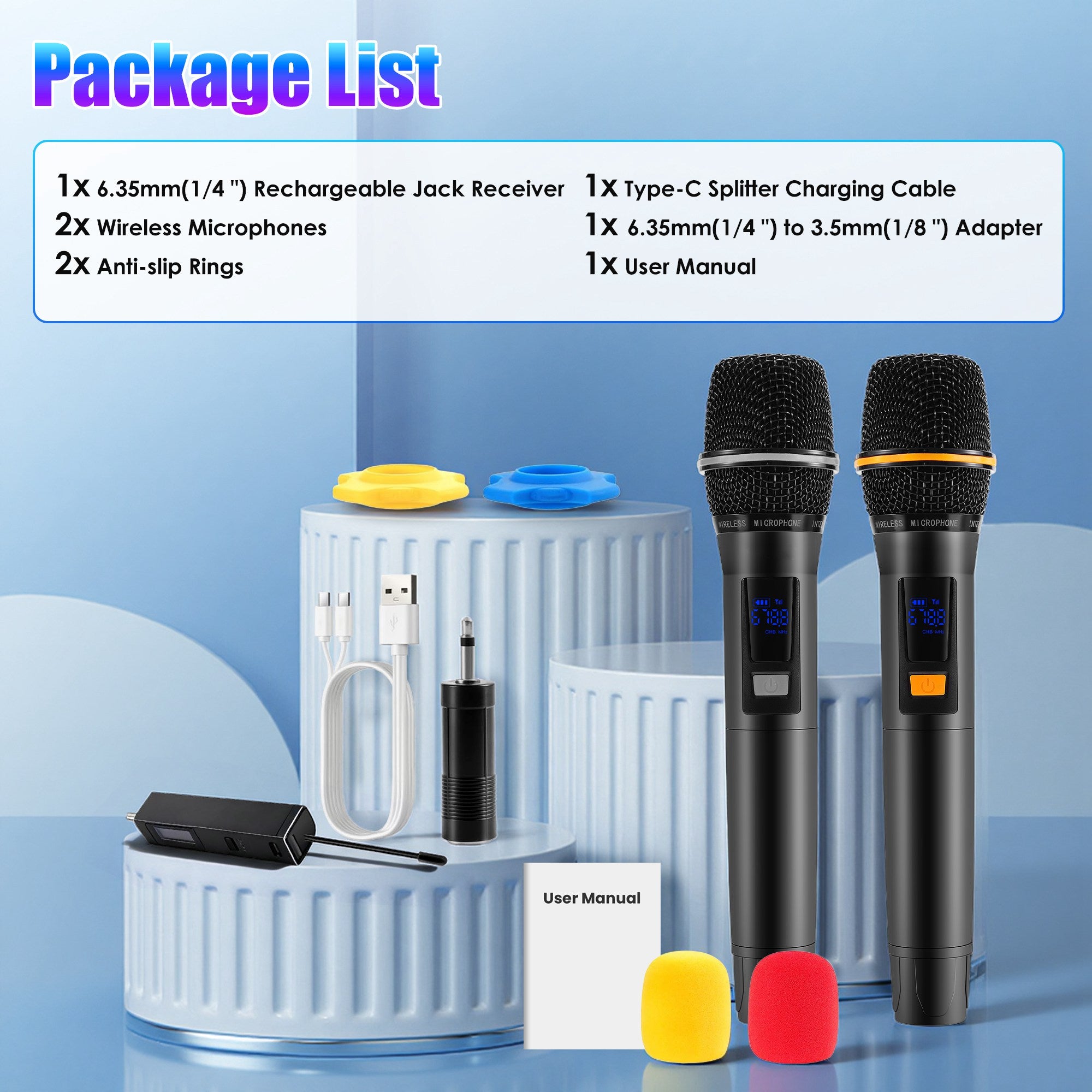 2-Pack UHF Rechargeable Wireless Microphones – 262ft Range for Karaoke, DJ & Events