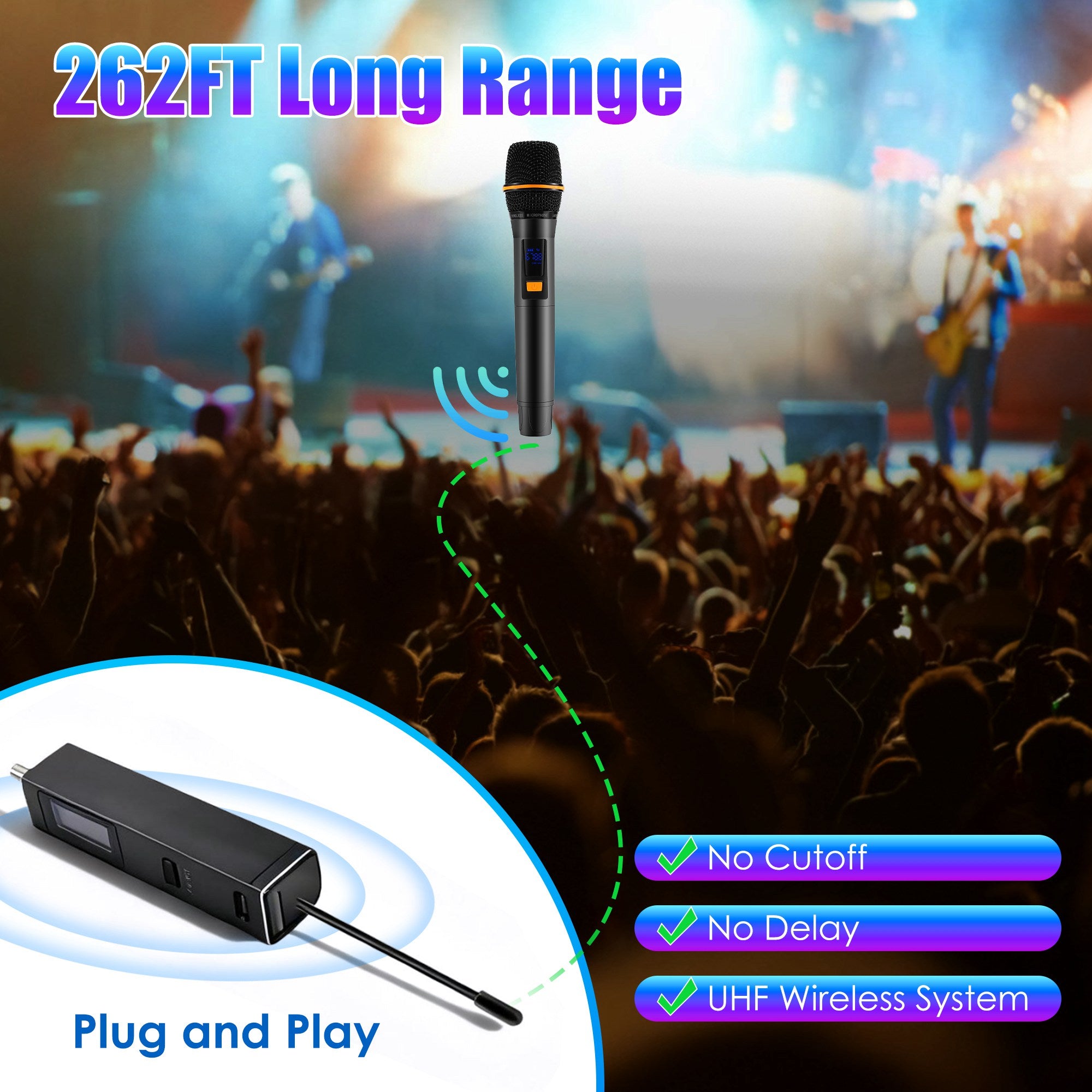 2-Pack UHF Rechargeable Wireless Microphones – 262ft Range for Karaoke, DJ & Events